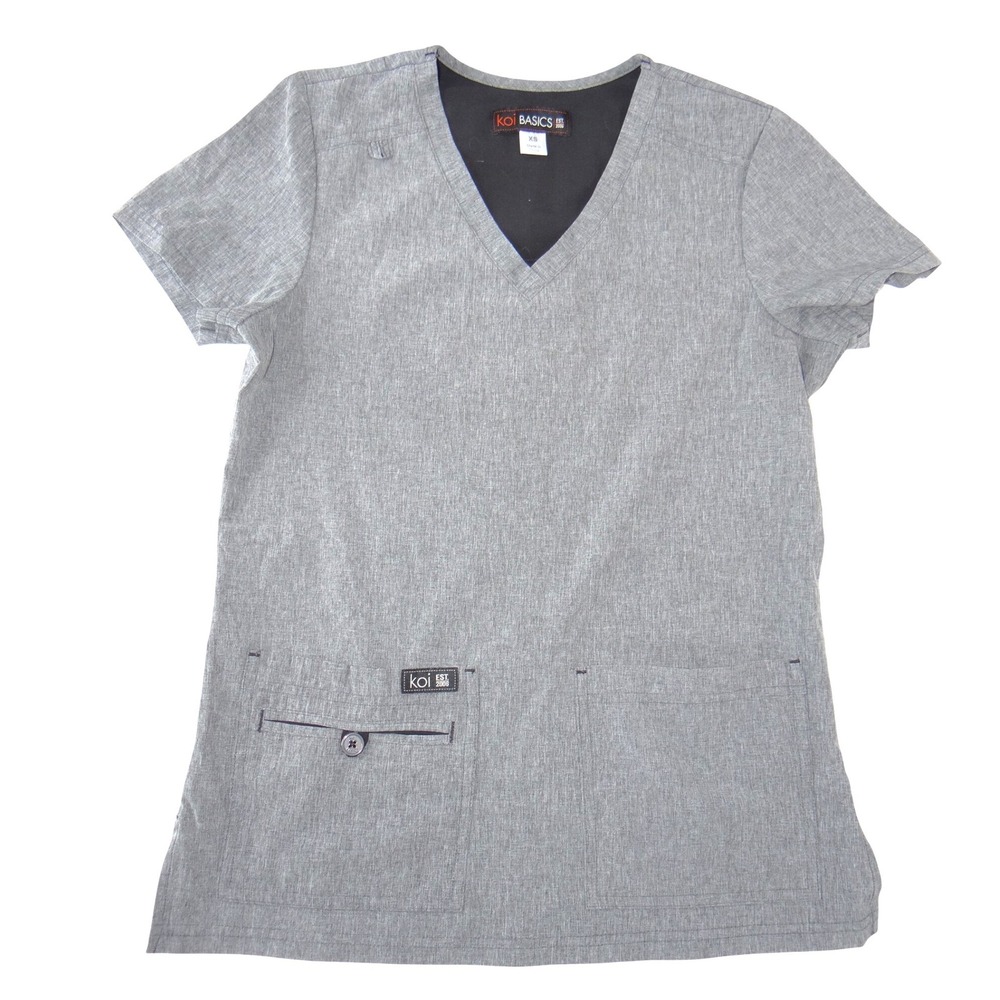 Koi Basics Becca Scrub Top Womens XS Grey Heather V-Neck Medical Nursing